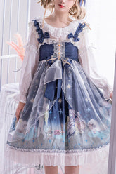 Blaues Spitzen-Chiffon-Kleid mit „Der Kleine Prinz“-Aufdruck, süßes Lolita-JSK-Kleid